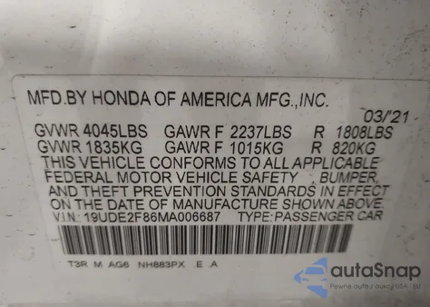 2021 Acura Ilx Premium A-Spec Packages/Technology A-Spec Packages from USA, damaged, VIN 19UDE2F86MA006687